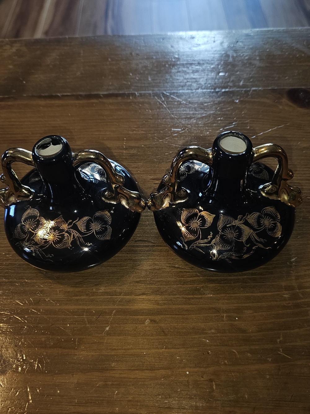 Pair Of Vintage Swetye Pottery Black and Gold Floral Ceramic Vases - Picture 4 of 8